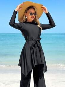 Swim Mulvari 2 pezzi Costume da bagno da donna, top a collo tondo manica lunga e pantaloni con coulisse in vita, set burkini modesto per vacanze, protettivo dal sole