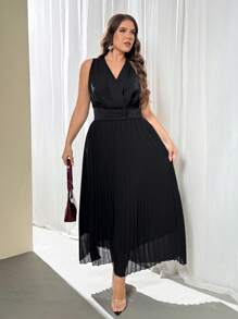 Firerie 2pcs Plus Size Elegant Commuting Solid Color Tank Top And Pleated Skirt Set - Black - View 4