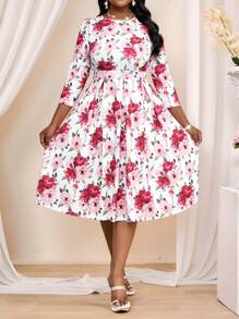 SHEIN Lady 大码女式简约花卉印花圆领长袖休闲连衣裙冬季优雅四季秋季连衣裙派对女装优雅女装蕾丝长袖化妆舞会礼服演唱会女装短裙情人节新年派对礼服玫瑰花礼服复活节礼服女毕业礼服婚礼宾客礼服女复活节礼服商务休闲女装度假波西米亚风