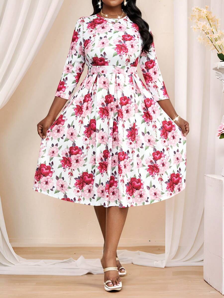 SHEIN Lady 大码女式简约花卉印花圆领长袖休闲连衣裙冬季优雅四季秋季连衣裙派对女装优雅女装蕾丝长袖化妆舞会礼服演唱会女装短裙情人节新年派对礼服玫瑰花礼服复活节礼服女毕业礼服婚礼宾客礼服女复活节礼服商务休闲女装度假波西米亚风