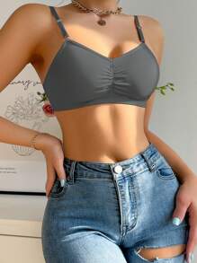 女士纯色褶皱紧身胸衣和无钢圈文胸（无钢圈）