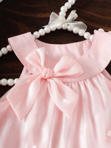 SHEIN Playful Pals Infant/Baby Girl Casual Cute Pink Organza Dress With Multiple Ribbon Bows