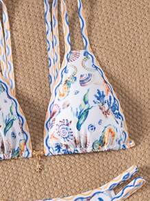 Swim Vcay 2pcs/Set Women Summer Beach Marine Life Random Print Adjustable Strap Top & Triangle Bikini Swimsuit - Multicolor - View 6