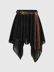 ROMWE Hippie 2 件套女士夏季波西米亚音乐节亮片刺绣抹胸上衣和网眼裙套装 - 黑色 - 查看 6