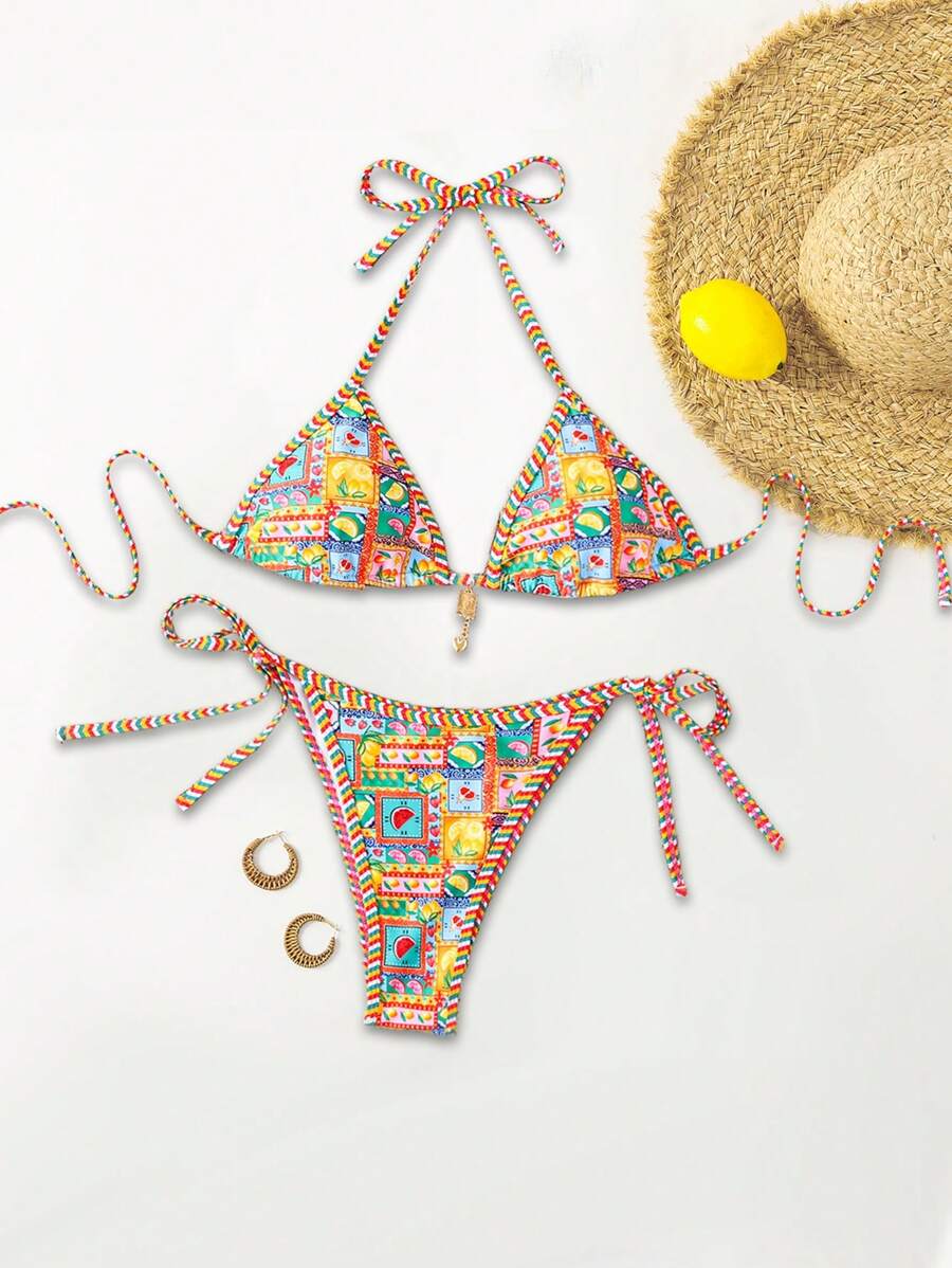 SHEIN Swim Women's Random Print Halter Neck Bikini Set For Summer Beach Vacation - Multicolor - View 1