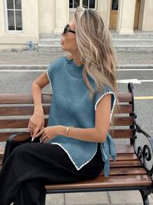 SHEIN Frenchy Women's Stand Collar Patchwork Flower Trim Side Knotted Knit Vest Winter - Dusty Blue - View 3