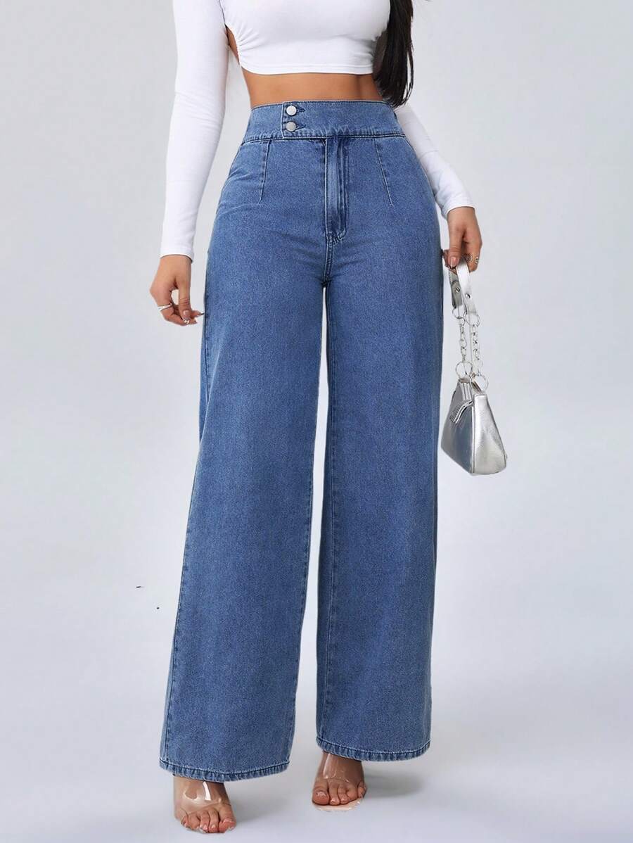 SHEIN Tall Women's Jeans High Waist Casual Loose Wide Leg Trousers Blue Style Straight Pants - Medium Wash - View 1
