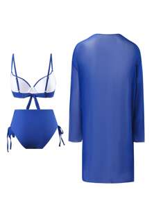 SHEIN Women Casual Tight Blue Sexy High Waist Elegant Holiday Beach 3 Pieces Swimwear Set For Summer Beach Vacation - Blue - View 5