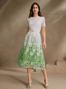 Anewsta Váy ren Ombre thấm nước dài vừa phải cho nữ có cạp chun, tay ngắn, cổ tròn, xuân/hè, bãi biển, kỳ nghỉ, thanh lịch - màu xanh lá - Xem 7