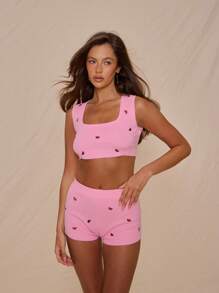 MUSERA High Rise Knit Watermelon Embroidered Fitted Mini Shorts Only Spring Summer Vacation Cute Sweet Escape Beach Club Holiday Beach Airport Chic - Multicolor - View 6