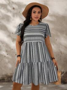 SHEIN LUNE Vestido de línea A de manga corta con volantes y rayas de colores para mujer de talla grande para el verano