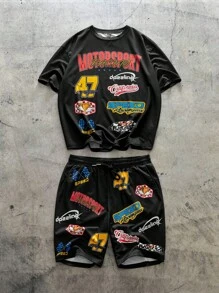 Manfinity VCAY 2 Pieces Set Men's Round Neck Loose Fit Short Sleeve T-Shirt & Printed Shorts Set - Black - View 5