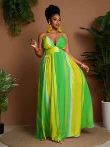 Maweii 大码度假休闲拼色条纹无袖连衣裙 - 綠色 - 查看 6