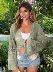 Flirla Plus Size Solid Color Fashion Tie Bow Shell Edge Cropped Shrug, Crochet Mesh Knit Flare Sleeve Cardigan Fall Winter Cloth For Women - Mint Green - View 4