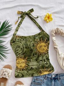 Soleia Plus Size Sun God Print Casual Tank Top & Top Set, Suitable For Summer Suitable For Going Out - Multicolor - View 1