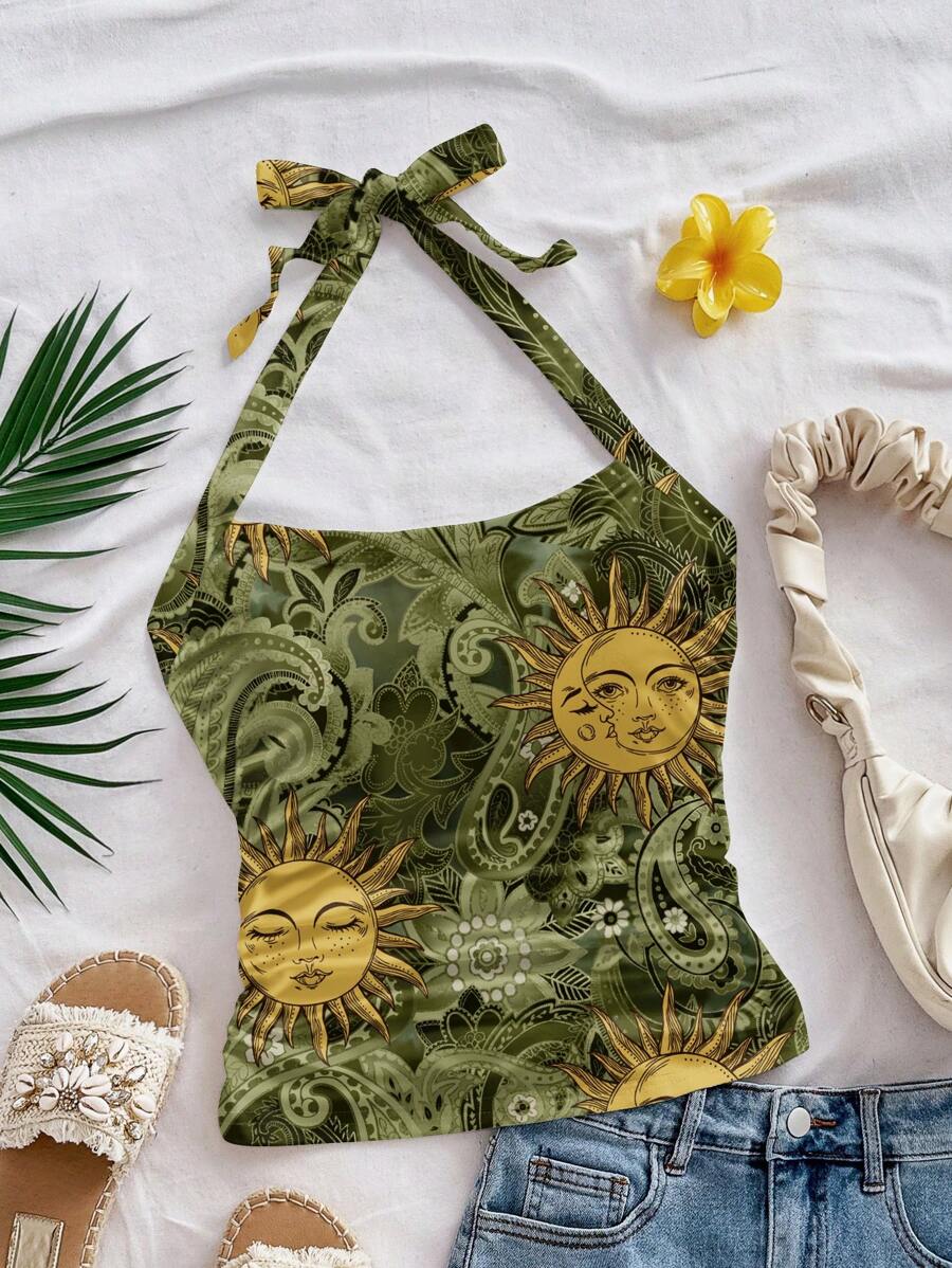 Soleia Plus Size Sun God Print Casual Tank Top & Top Set, Suitable For Summer Suitable For Going Out - Multicolor - View 1