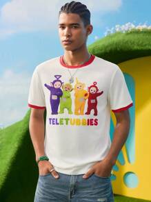 Teletubbies X SHEIN 男式撞色边饰卡通图案圆领短袖 T 恤，夏季 - 白色 - 查看 7