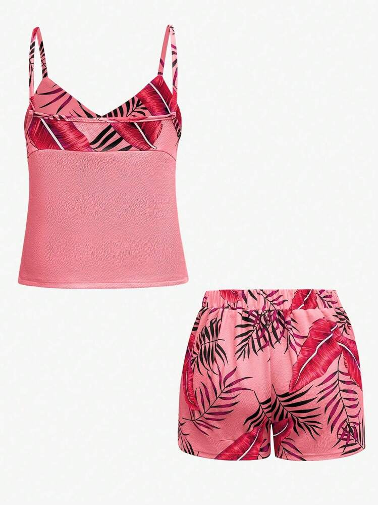EMERY ROSE Set de 2 piezas de top de tirantes y shorts con estampado de plantas para vacaciones de mujer - Rosa - Añade 2