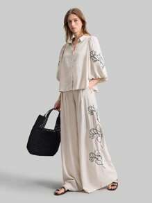 Ontre 2026春夏女士两件套，商务休闲百搭基础款杏色修身印花灯笼袖衬衫搭配口袋阔腿裤，休闲都市简约时尚通勤优雅套装，适合教师节、海岛度假、独立日、圣诞节、海滩、毕业典礼、办公室等场合，刺绣设计纯色杏色卡其色两件套，泡泡袖上衣搭配阔腿裤，时尚百搭女士两件套 - 卡其色 - 查看 6