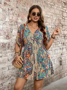 SHEIN LUNE Plus-Size Women Summer Paisley Print Holiday Jumpsuit For Women
