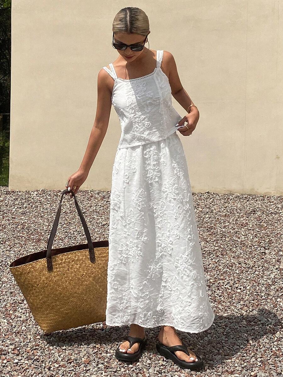 DAZY 2件套女士度假海滩蕾丝提花吊带背心和直筒裙套装 - 白色 - 查看 1
