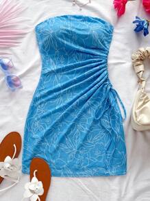 Soleia 女性花卉印花無肩帶束腰連衣裙 - 藍白色 - 查看 5