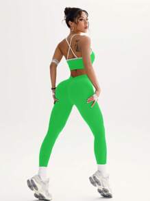 SHEIN Sport Studio 1 Set Women Sports Spaghetti Strap Top And Solid Color Pants, Stylish Outfit Suitable For Summer