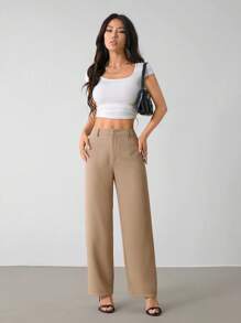 SHEIN PETITE Solid Color Straight Leg Pants, Minimalist Fashion Suitable For Summer In Fall/Winter