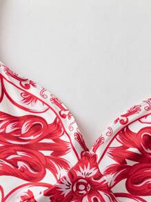 SHEIN LUNE Plus Size Women Elegant White Background Red Flower Cap Sleeve Deep V Backless Bodysuit With Long Skirt, 2 Pieces Set, Spring/Summer - Red and White - View 10