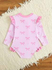 Baby Girl Bowknot Striped Ruffled One-Piece Swimsuit With Zipper Swimsuit Long Sleeve Girls Swimsuit Kids Swimsuits Long Sleeve Kids Swimsuit Long Sleeve Girls Long Sleeve Swim Suits Swim Suit For Girls Long Sleeve