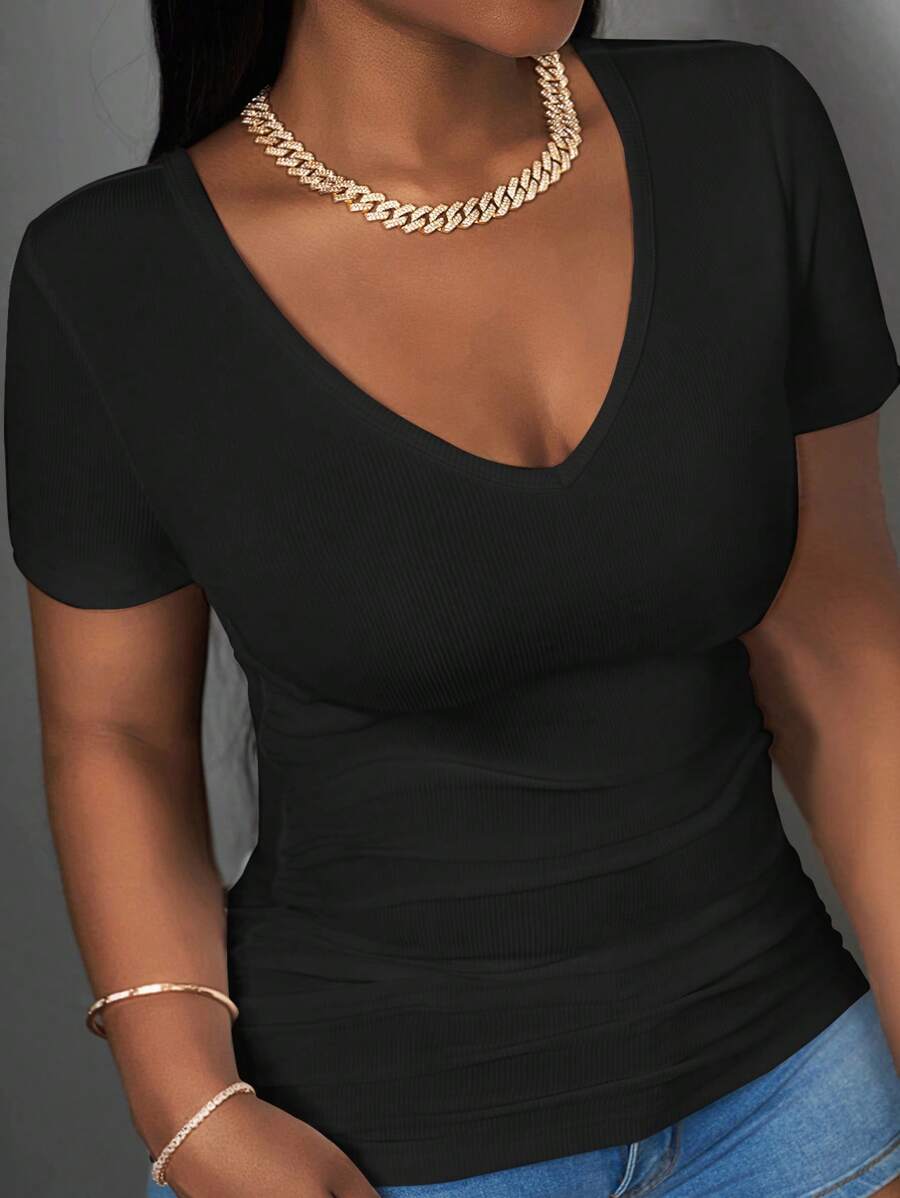 Slaydiva Women's Casual Basic Racerback Deep V-Neck Ribbed Tank Top, White Black - Black - View 1