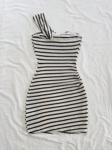 Soleia WYWH Women's Knitted Striped Mini One-Shoulder Bodycon Dress,Black And White Checkered,Summmer,Seksi Chic,Brunch,Bohemian Vacation Rave Party Outfits - Black and White - View 2
