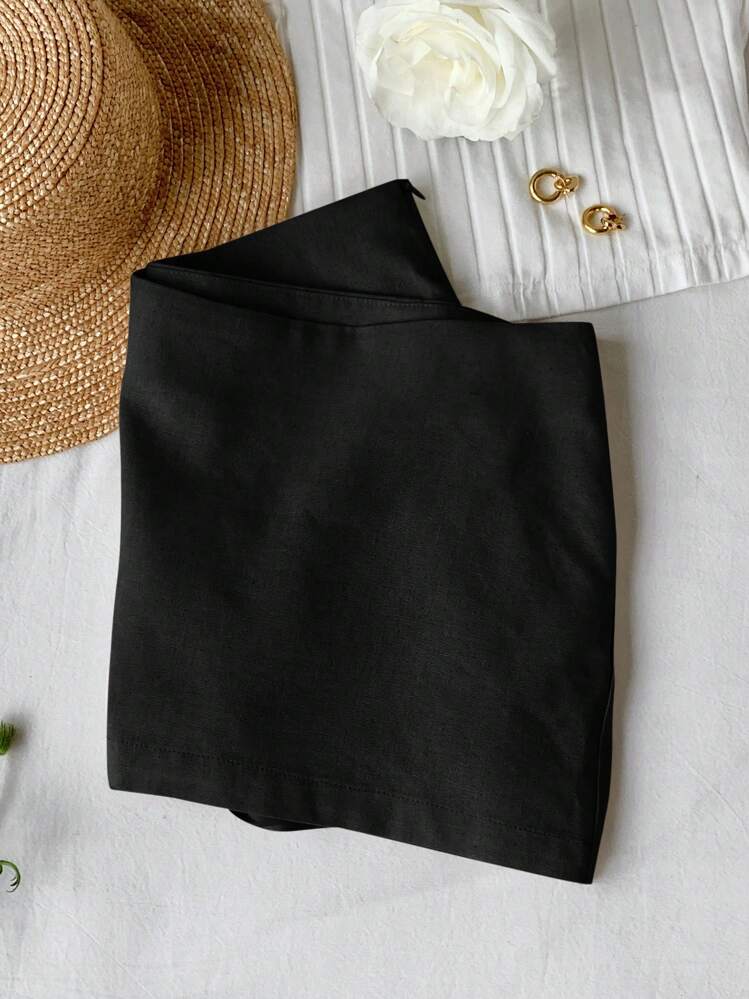 Comfortcana Saia Curta Casual de Linho, Cintura Baixa, Verão - Preto - Visão 5