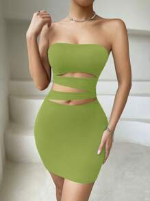 Chiquease 女式纯色露肩褶裥镂空紧身迷你连衣裙