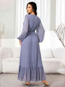 Veilorie Vestido elegante de estilo árabe para mujer con cuello en V, mangas farol y pliegues en color liso