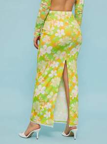 SHEIN Unity Skirt Floral Mesh Print Summer Fall Event Lace Trim Maxi Skirt Special Occasion Festival Thanksgiving Christmas NYE New Years Eve Outfits For Women - Green - View 3