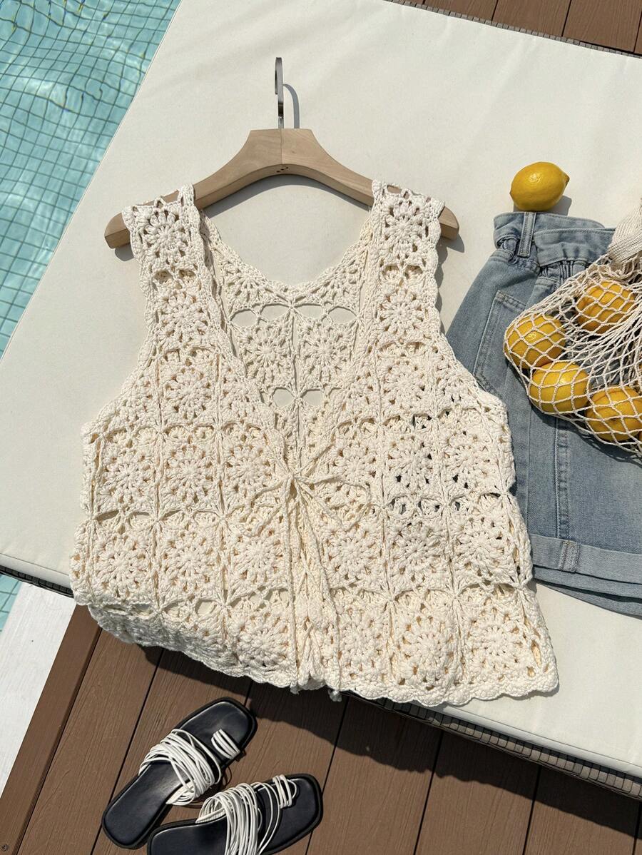 Comfortcana Plus Size Vacation Casual Solid Color Hollow Out Knit Vest - Beige - View 1