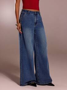 SHEIN Forever 21 女式休闲水洗低腰阔腿牛仔裤 - 藍色 - 查看 6