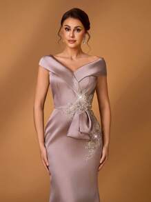 Serin Elegant Luxurious Pearl Diamond Embroidery Lace Applique Satin Off-Shoulder Fishtail Dress, Suitable For Weddings, Parties, Vacations, Balls, Mother Of The Bride Gown, Valentine's Day - Light Grey - View 1