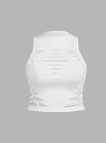SHEIN ICON Women's White Knitted Crop Tank Top: Casual Round Neck Sleeveless Cami With Stylish Cut Out Details And Lace-Up Sides - White - View 1