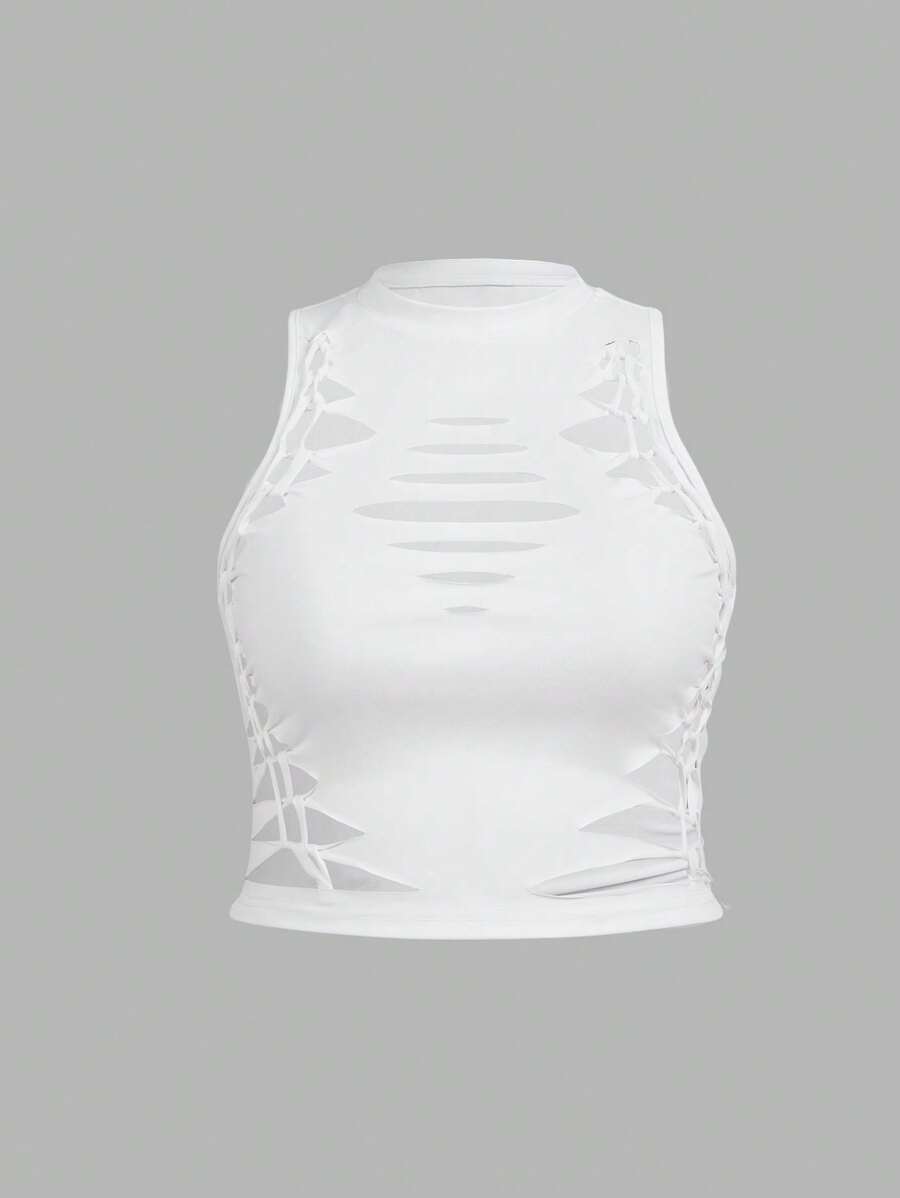 SHEIN ICON Women's White Knitted Crop Tank Top: Casual Round Neck Sleeveless Cami With Stylish Cut Out Details And Lace-Up Sides - White - View 1
