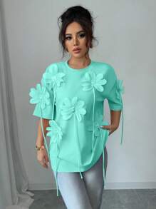 Chiquease Elegant French Style 3D Flower Print Pink Short Sleeve Valentine's T-Shirt For Women - Green - View 3