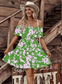 LanaWest Abito da donna con stampa floreale, scollo spalle scoperte, adatto per vacanze estive