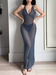 DAZY Sheer Silver Metallic Thread Mix Net Plunge V-Neck Backless Sexy Nightgown - Blue - View 6