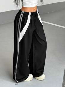 StreetHx 女士弹性腰部拼接街头休闲宽松运动裤 - 黑色 - 查看 1