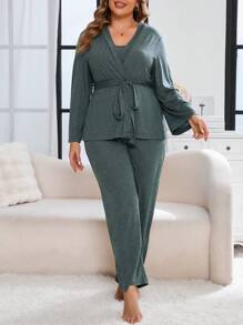 Pijama de talla grande para mujer con bata de mangas largas de unicolor con cinturón en la cintura, camiseta y pantalones