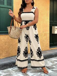 SHEIN Holidaya Plus Size Women Totem Print Elastic Strap Straight Leg Casual Loose Jumpsuit Romper - Multicolor - View 7