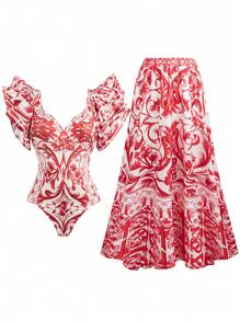 SHEIN LUNE Plus Size Women Elegant White Background Red Flower Cap Sleeve Deep V Backless Bodysuit With Long Skirt, 2 Pieces Set, Spring/Summer - Red and White - View 1