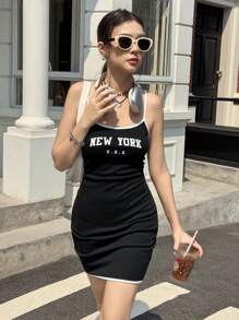 Teen Girls' Fitted Casual Letter Print Colorblock Cami Snug Fit Mini Dress - Brown - View 5