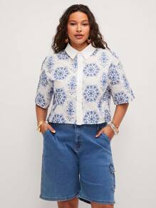 Freevana Plus Size Short Sleeve Shirt, Fashionable For Summer Embroidered Cotton Cute Summer Tops Summer Easter Festival Rave Bohemia Graduation Wedding Guest Women Vacation Boho Festival Country Concert Brunch Easter Curve - Multicolor - View 3